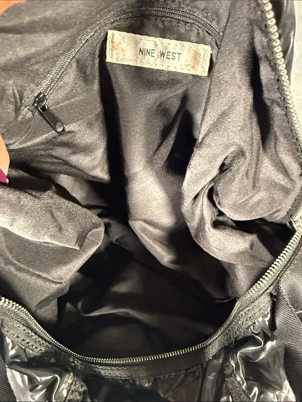 Nine West Black Shiny Quilted Nylon Satchel